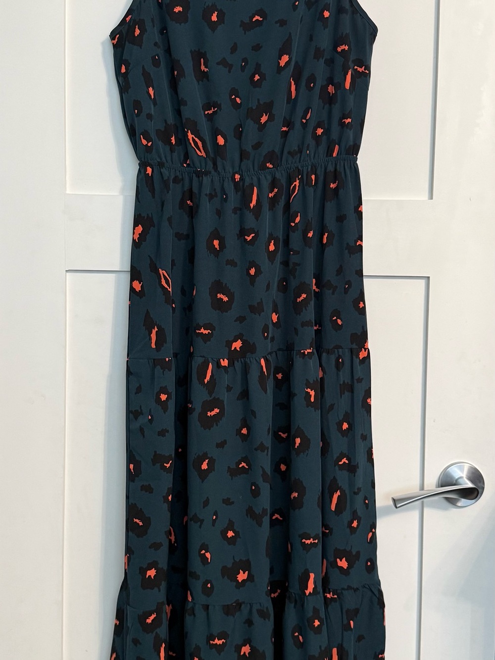 Sleeveless Dark Teal Maxi Dress with Orange Leopard Print